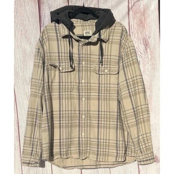American Eagle Men’s Hooded Plaid Flannel Thick Shirt 90's Fall Holiday Beige XL - Picture 1 of 9